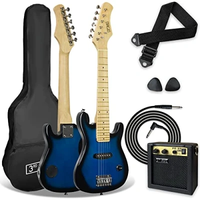 Immagine di 3rd Avenue Pacchetto beginner con chitarra elettrica junior di dimensioni 1/4 Avenue, amplificatore portatile da 5 W, cavo connessione, custodia, plettri e tracolla Blu
