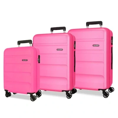 Immagine di ROLL ROAD Flex Valigia rigida realizzata in ABS, un materiale, chiusura a combinazione laterale 4 ruote doppie bagaglio mano, pratico interno con vano, Rosa, Taglia unica, Set 3 valigie