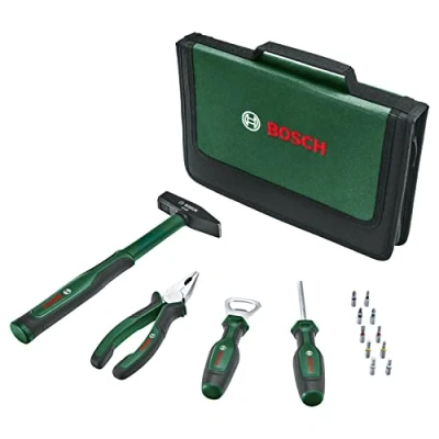 Immagine di Bosch Home and Garden Easy Starter Set di 14 utensili manuali (kit base per attività domestiche e fai da te; pinze combinate, cacciavite, apribottiglie, martello; 10 punte)