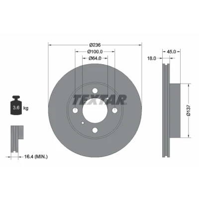 Immagine di TEXTAR 92089400 Disco freno 236 18 04/06 100 ventilazione interna senza bullone fissaggio ruota, mozzo portaruota MITSUBISHI: Lancer 6 Limousine