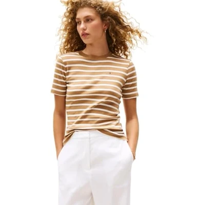 Immagine di Tommy Hilfiger Donna T Shirt Maniche Corte Slim Cody Scollo Rotondo, Multicolore (Hickory/Ecru STP), XS