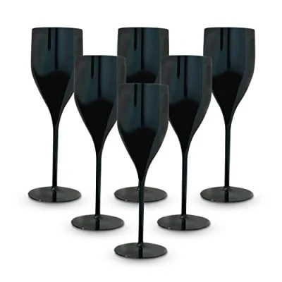 Immagine di BRYNA Set 6 Pezzi Bicchieri Flute da 18 Cl in Policarbonato (Plastica Rigida), 100% Design Italiano, Infrangibili, Calici Vino Riutilizzabili e Lavabili Lavastoviglie, Nero