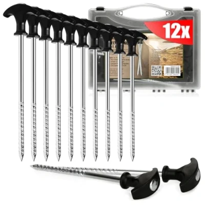 Immagine di com four® 12x picchetti in Acciaio robusti con Filettatura e Scatola di Trasporto Ideali per Terreni Normali duri Impugnatura a T
