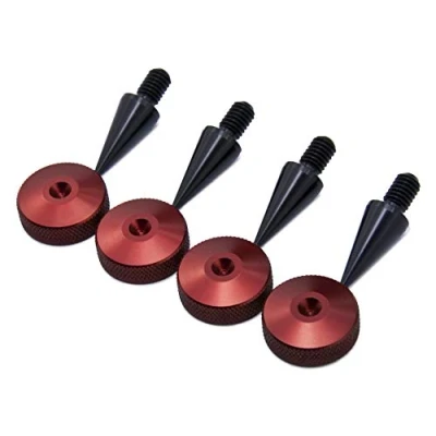 Immagine di PrecisionGeek M8 alluminio anodizzato Nero Spike/Cono absorber per altoparlanti vite + Rosso piedino bordi zigrinati 4 pz