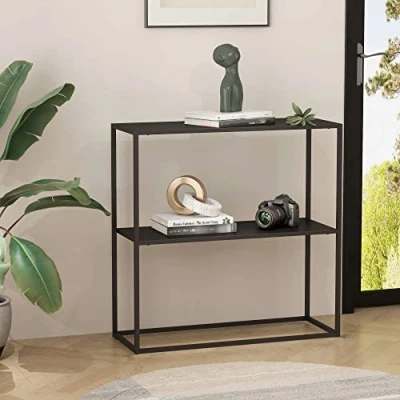 Immagine di [en.casa] Tavolo a Consolle con 2 Piani Mobile Stretto da Ingresso in Acciaio Scaffale Terra Espositore 80 x 26 cm Nero, opaco