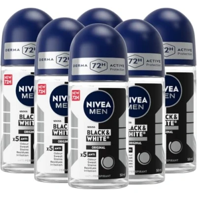 Immagine di NIVEA MEN Black &amp; White Invisible Original roll on 6 x 50 ml, Deodorante uomo 72h, antitraspirante contro odori, sudore, residui, irritazioni e macchie su tessuti chiari scuri