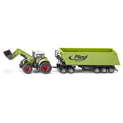 Immagine di siku 1949, Trattore Claas Axion con caricatore frontale, Rimorchio dolly e cassone ribaltabile, 1:50, Metallo Plastica, Verde, Benna mobile braccio oscillante