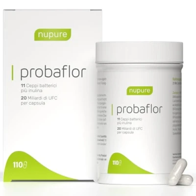 Immagine di Nupure® Probaflor 110 capsule, Con 20 miliardi di CFU, 11 ceppi batterici speciali, inulina e Lactobacillus salivarius SP2, Più protetto grazie allo speciale stagno, Vegano
