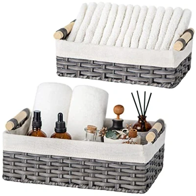 Immagine di GRANNY SAYS Cestini Bagno Portaoggetti, Set di 2 Vimini, Cestino Vimini Piccolo, Portaoggetti con Manici in Legno, Cesti Ceste da Scaffale, Grigio