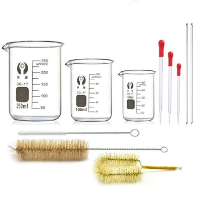 Immagine di Becher Graduato in Vetro Borosilicato, JESSTOLO 3 Pezzi Misurazione Bicchieri 50ml/100ml/250ml, Contagocce, Spazzolini di Pulizia et 2 Barra Agitazione per Esperimento Chimico Medicina
