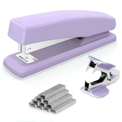 Immagine di Deli cucitrice da tavolo, ufficio, capacità di 20 fogli, include 1000 punti e rimozione graffette (viola)