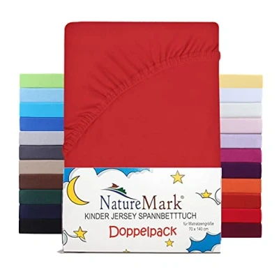 Immagine di NatureMark Set di 2 lenzuoli con angoli elasticizzati per bambini, in jersey, 100% cotone, culla e lettino, 70 x 140 cm, rosso