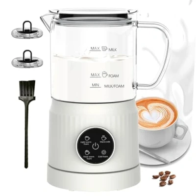 Immagine di Casimhu Montalatte Elettrico 4 in 1, Cappuccinatore per Schiuma Calda e Fredda, Scaldalatte Vetro, Macchina Cappuccino, Automatica Caffè Latte Cioccolata Calda, Bianco