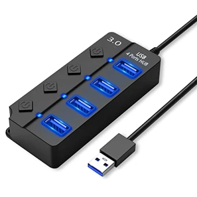 Immagine di HORJOR Hub USB Sdoppiatore Multi Porta Con Interruttore Separato e Spie LED, 4 Porte USB, Alimentato 1 3.0 &amp; 3 2.0, per Veloce Trasferimento Dei Dati Ricarica
