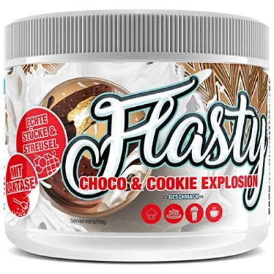 Immagine di polvere aromatica Flasty (Choco &amp; Cookie Explosion) 1 da 250 g a basso contenuto calorico con solo circa 9 kcal per porzione porta vita nella tua ricotta, yogurt e molto altro ancora.
