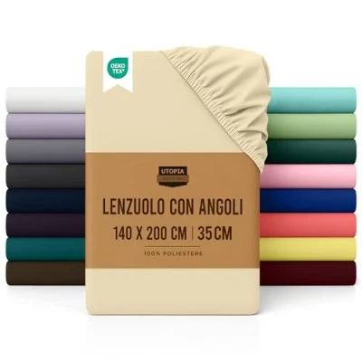 Immagine di Utopia Bedding Lenzuolo con Angoli Una Piazza e Mezza Francese 140x200cm Beige Microfibra di Poliestere Spazzolato Sotto Elasticizzato