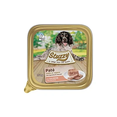 Immagine di Stuzzy, Cibo Umido per Cani Adulti al Gusto Salmone, Paté e Carni in Pezzi Totale 3,3Kg (22 Vaschette da 150G)