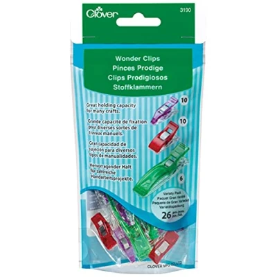 Immagine di Clover Wonder Clips Confezione assortita di 26 pezzi, plastica, metallo, tessuto, verde, rosso e viola, Jumbo, Classic Mini