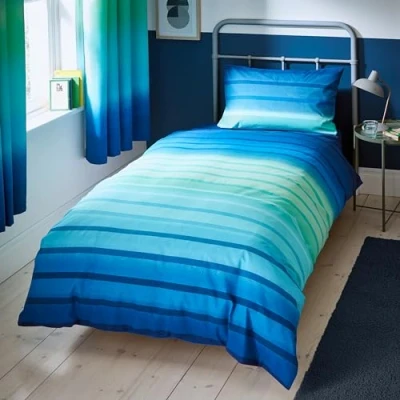 Immagine di Catherine Lansfield Set copripiumino matrimoniale reversibile con federe, motivo a righe, colore verde navy