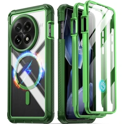 Immagine di Poetic Guardian custodia per OnePlus 13 5G, pellicola protettiva integrata [funziona con ID impronte digitali], [2 cornici anteriori] integrale antiurto robusta trasparente, verde/trasparente