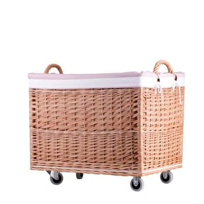 Immagine di e wicker24 contenitore portabiancheria rettangolare, cesto in vimini con ruote fodera tessuto, di vimini, cestino, scatola (naturale_rosa)