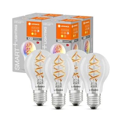 Immagine di LEDVANCE lampadina Smart LED con Wifi, E27, colori modificabili, a forma di pera, filamento colorato come luce d&#039;atmosfera, sostituzione da 60W, controllabile Alexa, Google e App, confezione 4