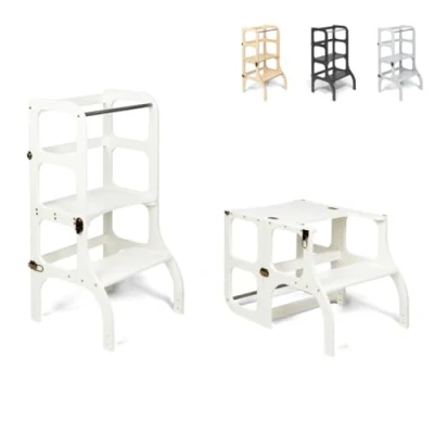 Immagine di Ette Tete STEP’n’SIT® Torre Apprendimento Montessoriana Convertibile Multifunzione 2 in 1 (colore bianco, con cerniere ottone)