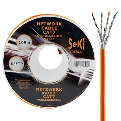 Immagine di SeKi 100 m Cat. 7 cavo di installazione PIMF S/FTP LSZH senza alogeni, approvato secondo BauPVO Ethernet, rete LAN, 10 Gbit, 1000 MHz, AWG23/1, dati schermato arancione