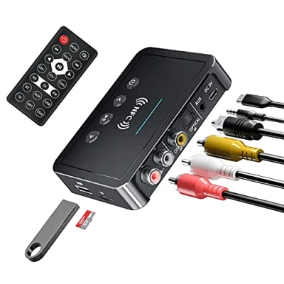 Immagine di Mokeum Adattatore Bluetooth 5.0 NFC Trasmettitore Ricevitore 3 in 1 FM, Chiavetta 3.5mm AUX/RCA Wireless Audio per TV/PC/Smartphone/Autoradio