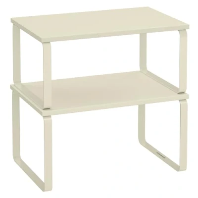 Immagine di SONGMICS Scaffale Portaspezie, Set di 2 Organizzatori da Cucina Espandibili, Impilabile, Metallo e Legno Ingegnerizzato, Bianco Crema KCS002W02