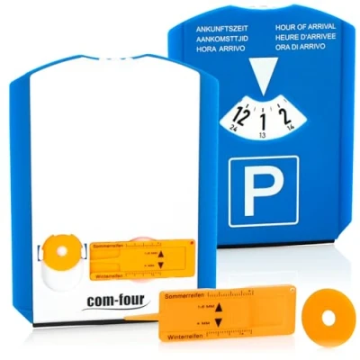 Immagine di com four® 2X Disco di Parcheggio con Raschia Ghiaccio, Labbro Gomma, Chip Carrello della Spesa e Misuratore Battistrada Parchimetro in Plastica (02 Pezzi Chip+Coltello profilato)