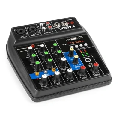 Immagine di Vonyx VMM100 Mixer DJ a 4 canali, con ricevitore Bluetooth, display LED, lettore USB, ingressi microfono, uscita cuffie e RCA, alimentazione phantom 48 V, ideale per ravvivare le tue serate