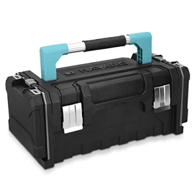 Immagine di Navaris Cassetta Attrezzi 20&quot; 2 Scomparti Valigetta Lavoro Porta Utensili Chiusure Acciaio Manico Alluminio 2x Scomparto Minuteria Viti Tasselli Nero Azzurro