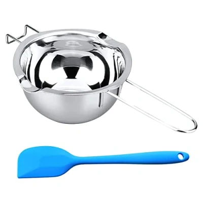 Immagine di Bagnomaria in Acciaio Inox, 600ml per Cioccolato con Spatola Blu Boiler Beccucci, Manico Resistente al Calore Far Fondere Cioccolato, Burro, Caramelle, Formaggio, Candela, Sapone