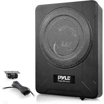 Immagine di Pyle 8 Inch Low Profile Amplified Subwoofer System 600 Watt Compact Enclosed Active Underseat Car Audio with Built in Amp, Powered w/Low &amp; High Level Inputs PLBX8A,Black