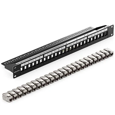 Immagine di deleyCON 24 Porto CAT7 Pannello Patch SET Campo Delle di Distribuzione Modulare 1 IU 19&quot; Pollici Montaggio Rack + 24x CAT 7 Keystone Moduli RJ45 10 Gbit/s 600 MHz Cavi Posa Nero