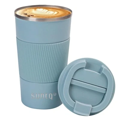 Immagine di SUNTQ tazza da viaggio riutilizzabile con coperchio a tenuta stagna, termica isolata, in acciaio inox impugnatura gomma, per bevande calde e fredde, 510 ml Azzurro