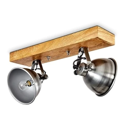 Immagine di lampada a soffitto Svanfolk, in metallo/legno zinco/natura, 2 luci, con faretti orientabili, x attacco E14, design retro/vinatge, senza lampadina/e