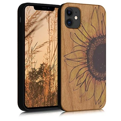 Immagine di kwmobile Custodia Compatibile con Apple iPhone 11 Cover Back Case in Legno Bumper Silicone TPU Sunflower giallo/marrone scuro/marrone chiaro