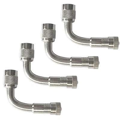 Immagine di QitinDasen 4Pcs Professionale 90 Gradi Pneumatico Valvola Estensione Adattatore, Rame Nichelato Stelo Prolunga Schrader con Tappo Antipolvere (Argento)