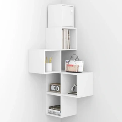 Immagine di WOLTU Mensola da Muro, Cubi Parete, Libreria Angolare con 5 Aperti e 1 Scomparto Anta, ad Angolo per Camera Letto, Soggiorno, Cucina, Studio, in Truciolare, Bianco