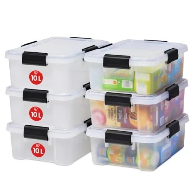 Immagine di Iris Ohyama, Scatole Portaoggetti Ermetiche in Plastica, 10L, Set di 6, Trasparente, Coperchio Impermeabile, con Chiusura, Impilabile, Per Esterni, Garage, Vestiti, Antipolvere, Senza BPA, AT S