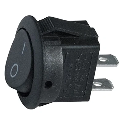 Immagine di Interruttore unipolare a bilanciere SPST ON OFF con tasto nero e terminali faston 4,8mm, foro di montaggio diametro 20mm, 250V 6,5A