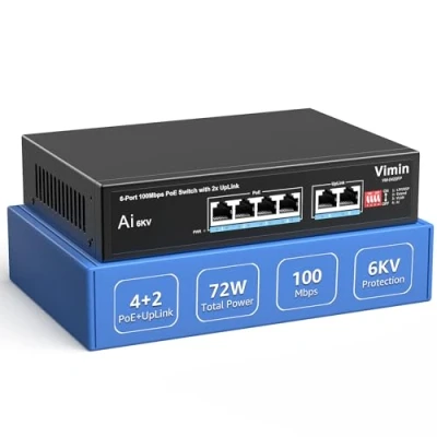 Immagine di Switch PoE a 6 Porte con 4 PoE, VIMIN non Gestite di Rete 10/100 Mbps 2 Uplink, Watchdog AI, VLAN, Estensione Fino 250 m, Supporto IEEE802.3af/at, 72 W
