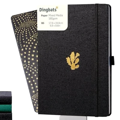 Immagine di Dingbats* Pro B5 Taccuino a Righe Grande Quaderno con Copertina in Tessuto Nero, Rilegatura Filo Portapenne, Segnalibro, Chiusura Elastico
