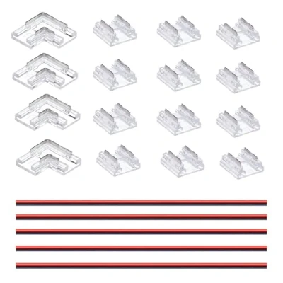Immagine di GOMING 2 pin 10 mm COB LED Striscia Connettore Kit 12 Connettori Trasparenti Senza Interruzioni 4 a Forma di L/angoli 5 Cavi Prolunga da 15cm