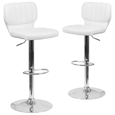 Immagine di Flash Furniture Mobili 2 sgabelli da Bar, Altezza Regolabile con Schienale Verticale e Base cromata, Compensato, Metallo, Schiuma, Cromo, Vinile Bianco, Pezzi