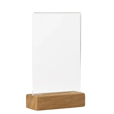 Immagine di EUROPEL Espositore da tavolo A6 in acrilico trasparente di alta qualità, base legno quercia certificato FSC, supporto su entrambi i lati, per ristoranti, hotel, conferenze, festival