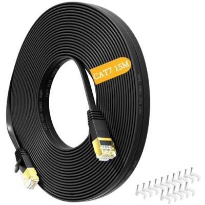 Immagine di Nowunke Cavo Ethernet 15 metri, Cat 7 Piatto Lan 15m Alta Velocità di Rete 10Gbps 600Mhz, RJ45 Gigabit Schermato Nero Internet per Router Modem Switch PC Xbox