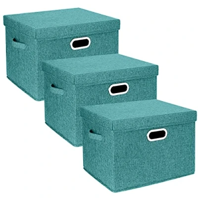 Immagine di TYEERS Grandi Scatole Portaoggetti, in Tessuto, Pieghevole, con Coperchio, 44x30x29 cm, Set di 3, Aqua Deep